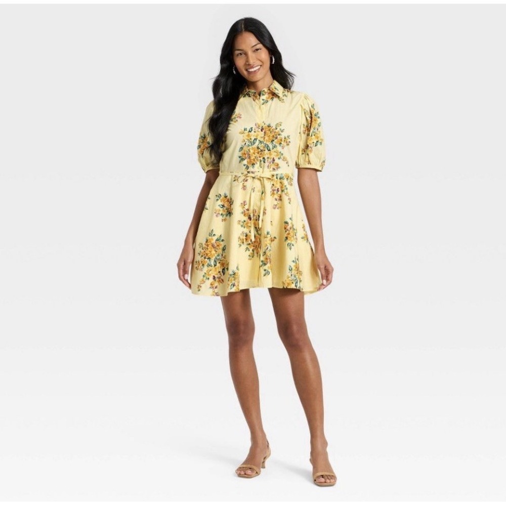 Women Puff Sleeve Mini Shirtdress - A New Day - Yellow Floral - Picture 3 of 6